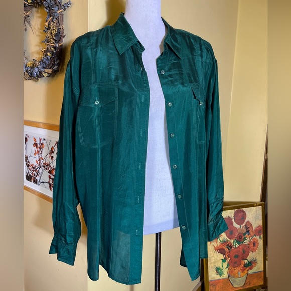 Vtg NEW CONCEPTS Size Large 100% Silk Emerald Green Button Down LongSleeve - Picture 3 of 10